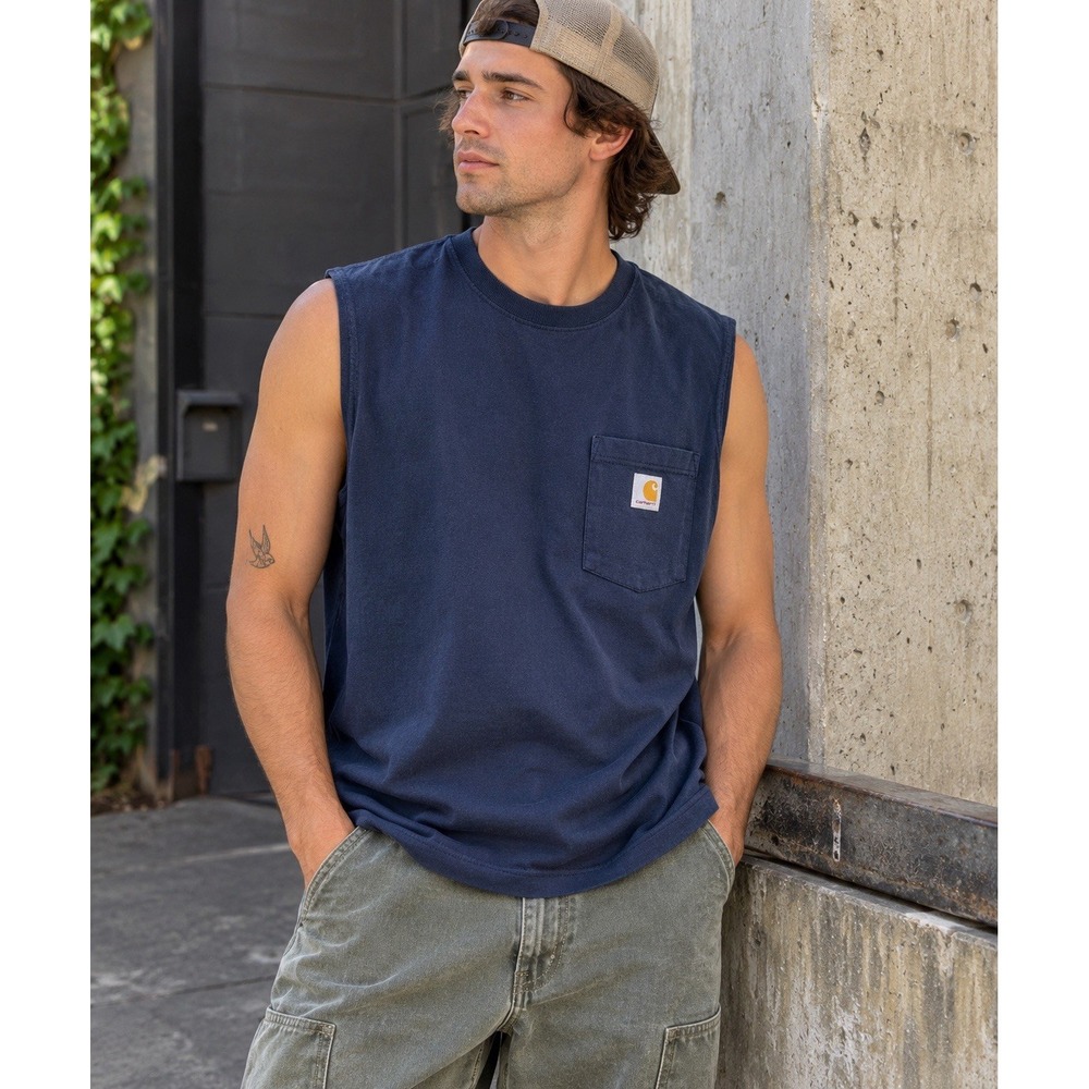 Carhartt 100374 Heavyweight Sleeveless Pocket T Shirt Navy Blue Men's Size M